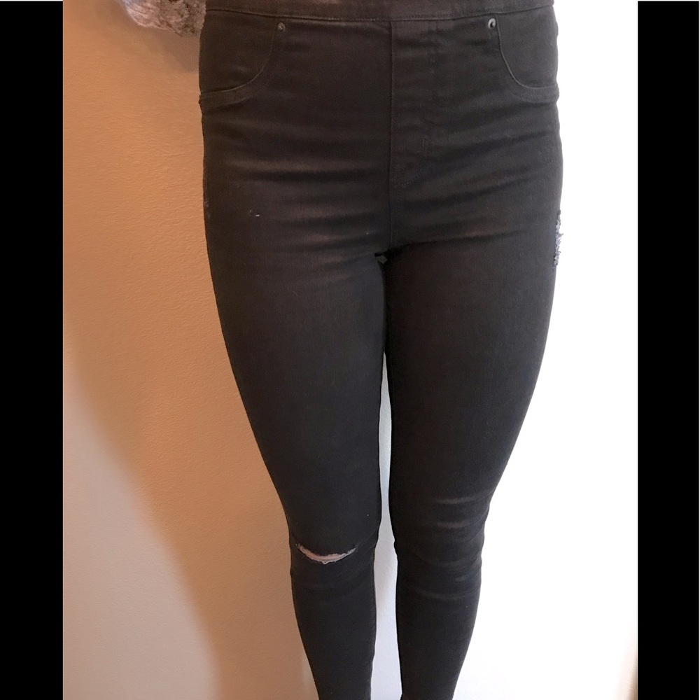 Spanx distressed black jeans women size M/M frayed hem skinny jeans